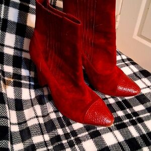 Christian Louboutin Me In The 90s Maroon Suede Snake High Heel Ankle Booties.
